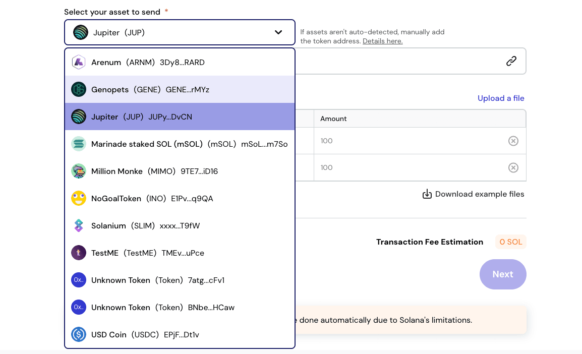 SPL token selector showing detected tokens
