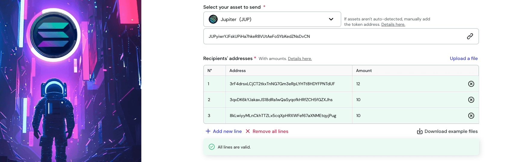 Manual recipients input table with Solana address and amount columns