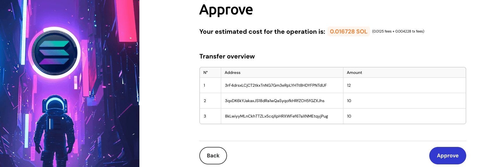 Approve step showing fee breakdown and transfer overview