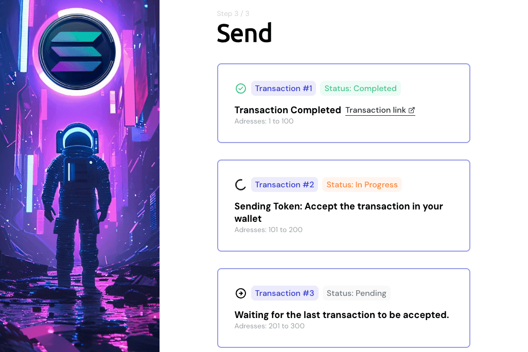 Send step showing transaction cards with status indicators