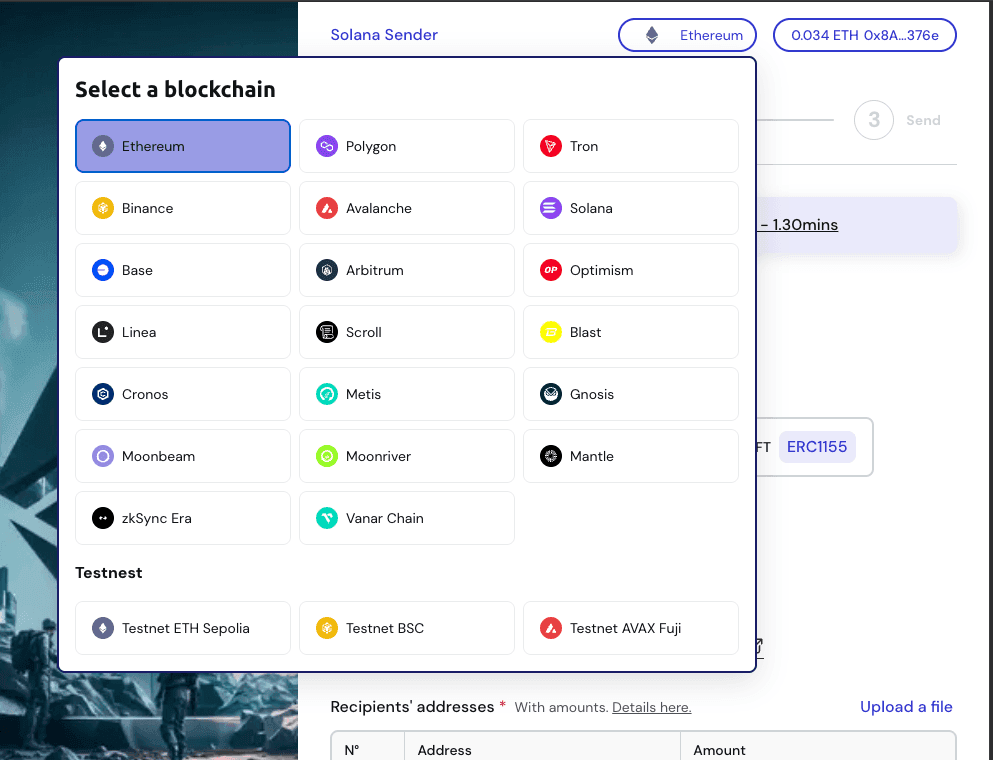 Blockchain selector showing all supported chains