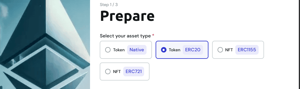Asset type radio with ERC20 option highlighted