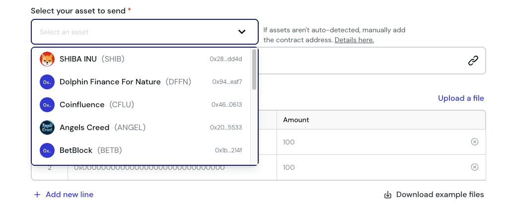 ERC20 token selector showing detected tokens