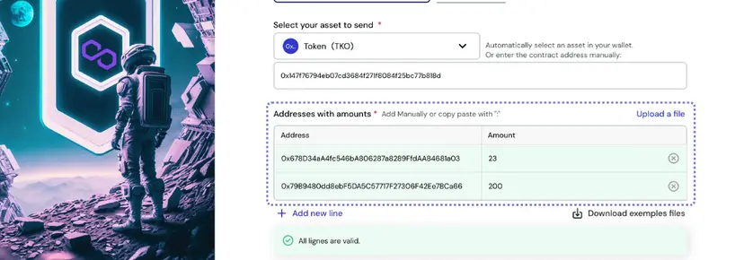 Manual recipients input table with address and amount columns