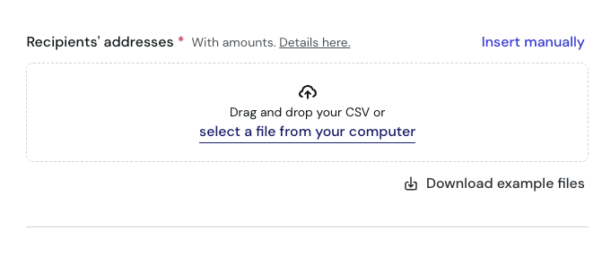 CSV drag-and-drop zone for batch transfer