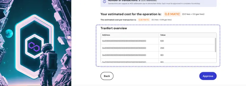 Approve step showing fee breakdown and transfer overview