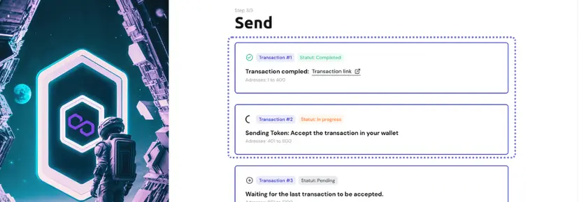 Send step showing transaction cards with status indicators